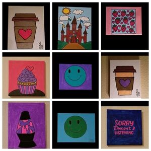 Handpainted Bulk Lot Of 9 Acrylic Paintings On Canvas Original Signed